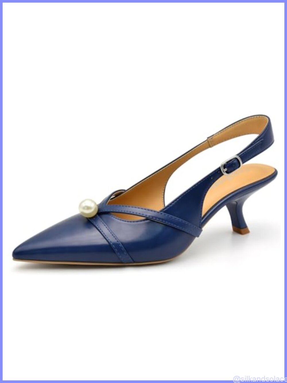 Women's Dressy Slingback Kitten Heel Pumps with Pearl Cross Straps & Pointed Toe